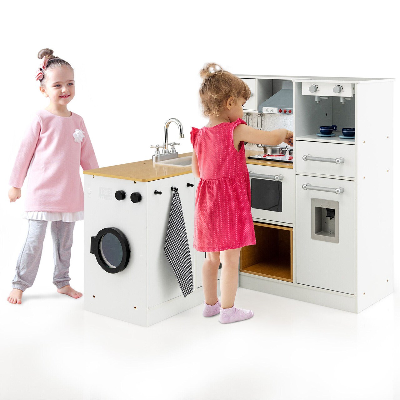 White Natural Kids Kitchen Playset with Washing Machine 2-Piece MDF 3+ Years